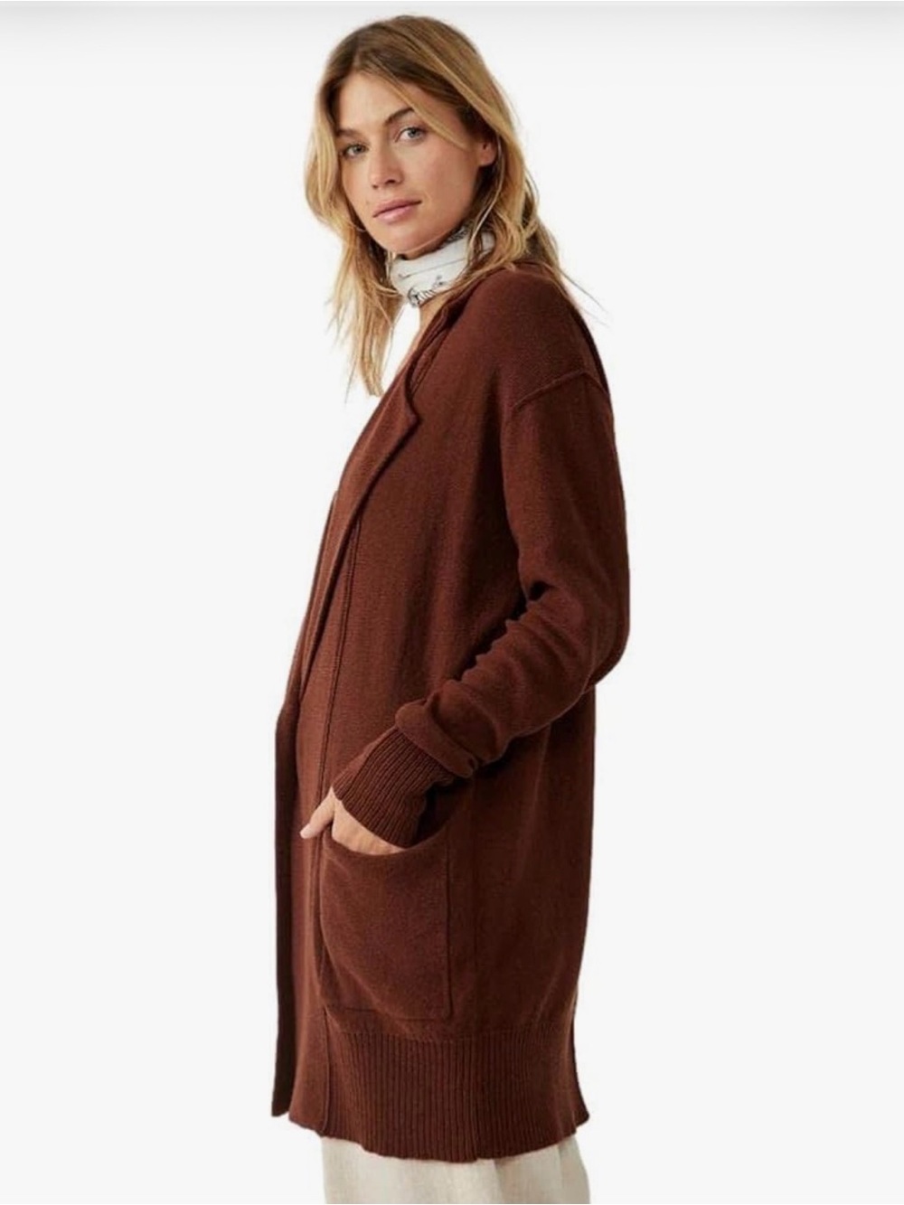 Free People Chestnut Brown Open Front Long Cardigan Blazer